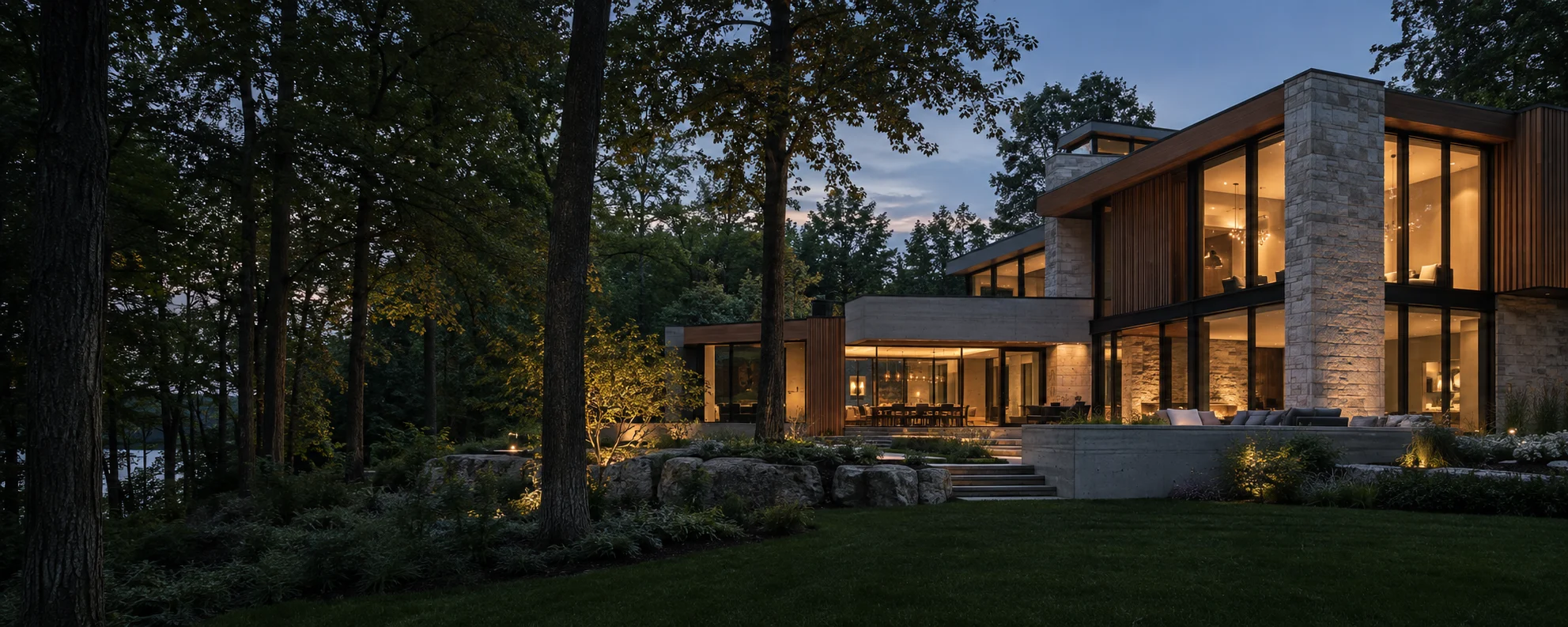 Architectural visualization of a contemporary custom home in a wooded Greater Toronto Area setting